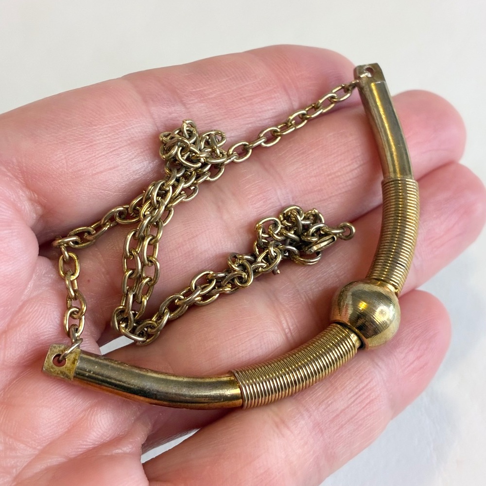 Vintage Necklace Gold Tone Curved Bar Coiled Wire Bead Statement 16"